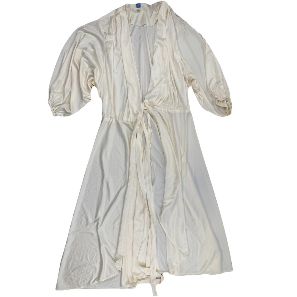 Vintage Cream Satin Robe Size L Boho Bridal Puff Sleeve Tie Waist Romantic - Picture 10 of 14